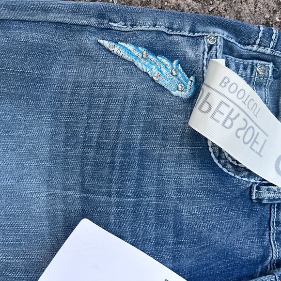 Sky Women's Light Blue Boot Cut Jeans with Red Embroidery and Bling Pockets - Picture 5 of 11